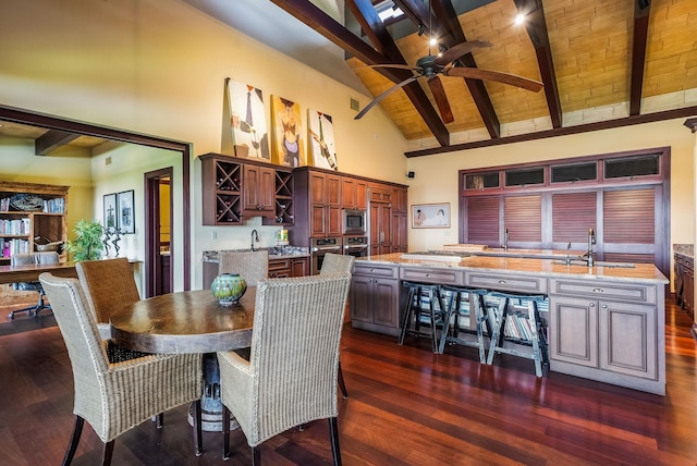 dining room featuring ceiling fan, high vaulted ceiling, wood ceiling, beamed ceiling, and dark wood finished floors