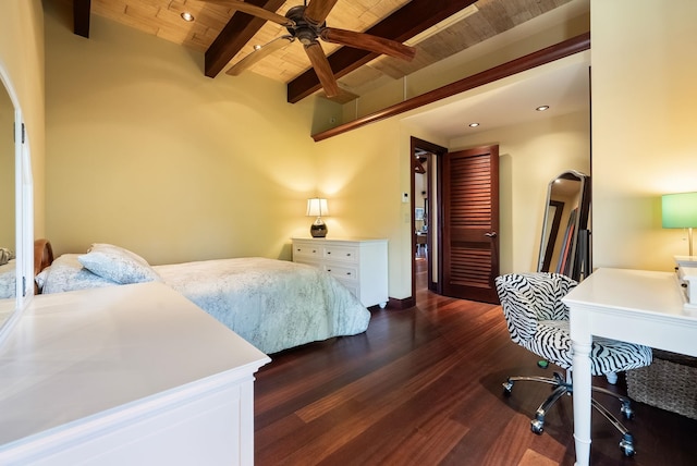 bedroom featuring dark wood-style floors, ceiling fan, beam ceiling, and wood ceiling