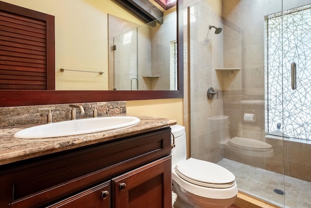 bathroom featuring toilet, a stall shower, and vanity