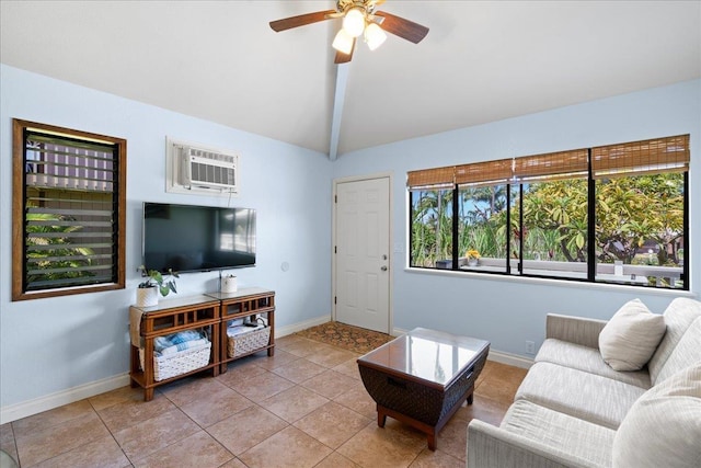 2825 Kauhale St, Kihei, HI 96753 - living area with an AC wall unit, a ceiling fan, lofted ceiling, and light tile patterned floors