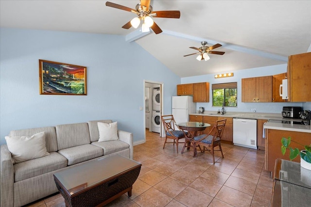 2825 Kauhale St, Kihei, HI 96753 - living room featuring stacked washer / dryer, ceiling fan, and light tile patterned flooring