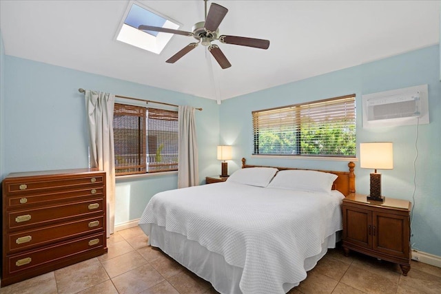2825 Kauhale St, Kihei, HI 96753 - bedroom with vaulted ceiling, light tile patterned floors, a skylight, and a ceiling fan
