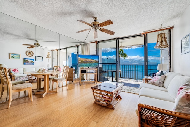 living room with a wealth of natural light, light hardwood / wood-style floors, ceiling fan, and a textured ceiling