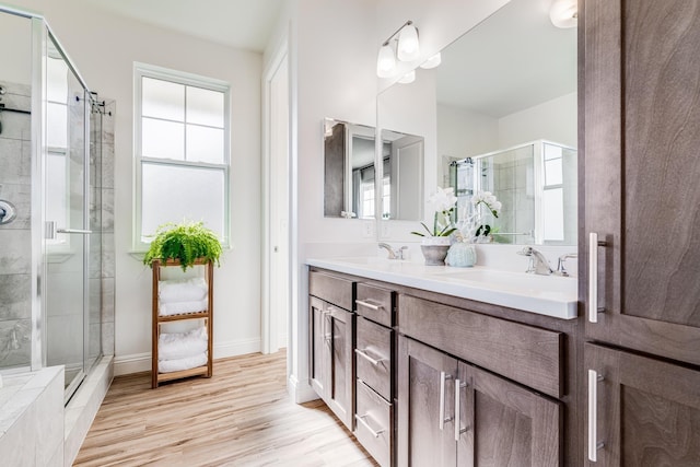 bathroom with vanity, wood-type flooring, and a shower with door