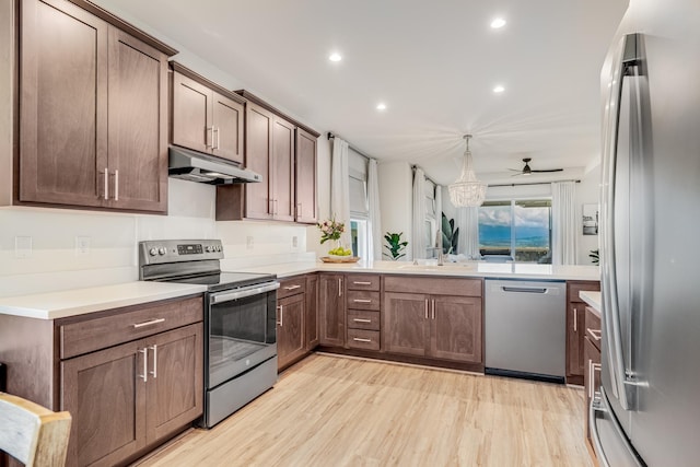 kitchen featuring ceiling fan, light wood-type flooring, stainless steel appliances, and kitchen peninsula