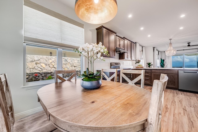 dining area with ceiling fan and light hardwood / wood-style flooring