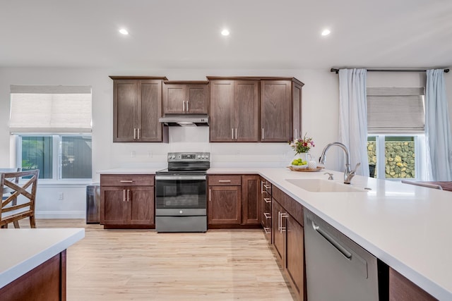 kitchen featuring sink, dark brown cabinetry, stainless steel appliances, and light hardwood / wood-style flooring