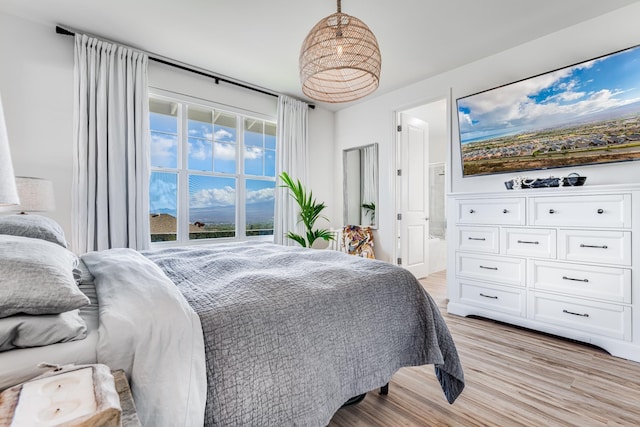 bedroom with light hardwood / wood-style floors and ensuite bath