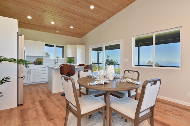 dining area with sink, high vaulted ceiling, wood ceiling, and light wood-type flooring