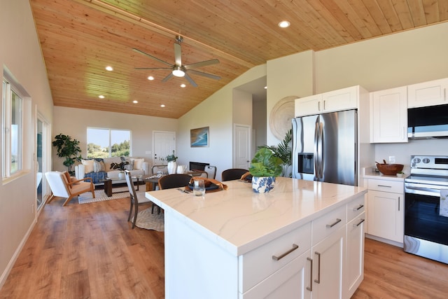 kitchen featuring light stone countertops, white cabinetry, wooden ceiling, vaulted ceiling, and appliances with stainless steel finishes