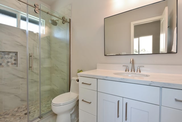 bathroom with vanity, toilet, and a shower with shower door