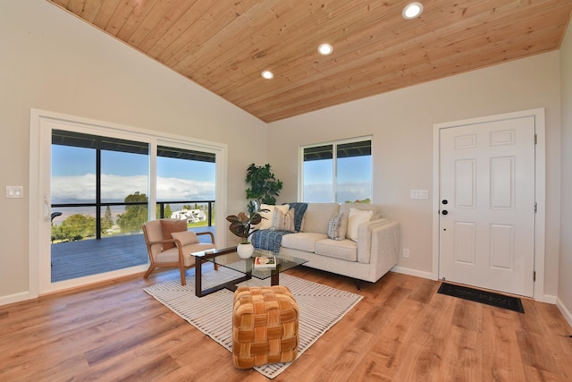 living room with light wood-type flooring, high vaulted ceiling, and wooden ceiling