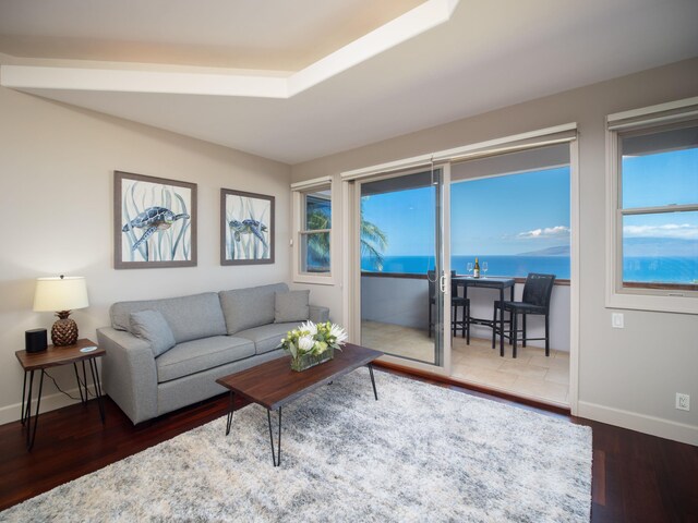 living room featuring a water view and dark wood-type flooring