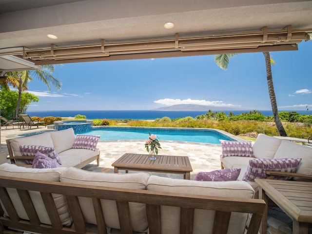 view of swimming pool with a water view, a patio area, and an outdoor hangout area