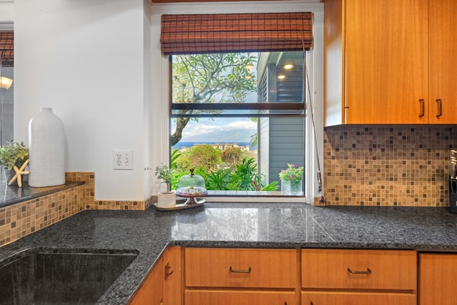 kitchen featuring dark stone countertops, a sink, and decorative backsplash