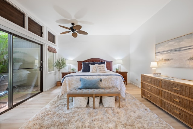 bedroom with light wood finished floors, access to exterior, ceiling fan, and baseboards