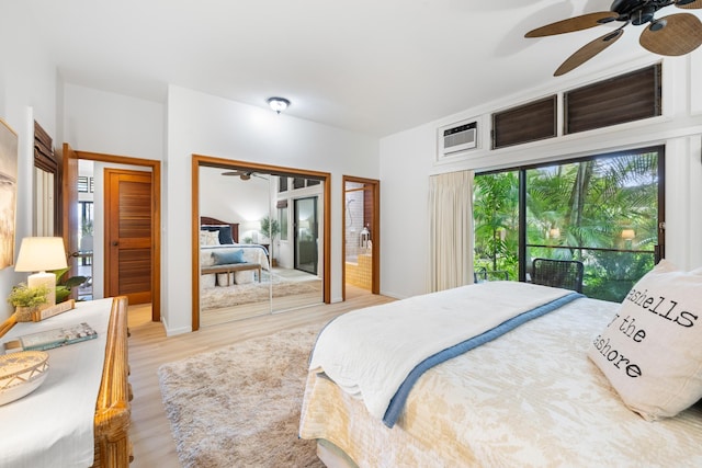 bedroom with ceiling fan and light wood-type flooring