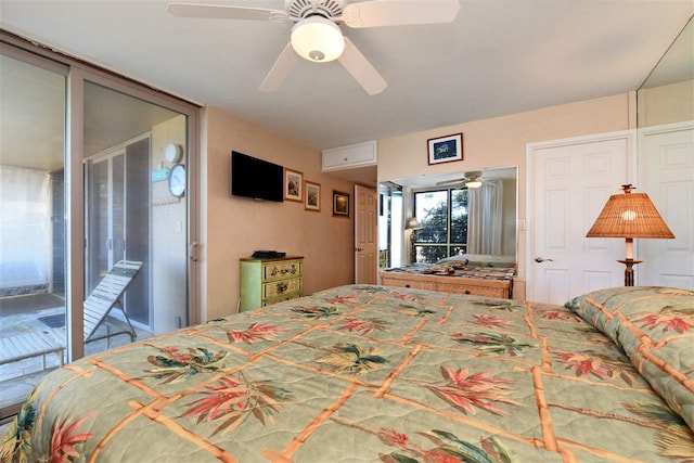 bedroom featuring ceiling fan and access to outside