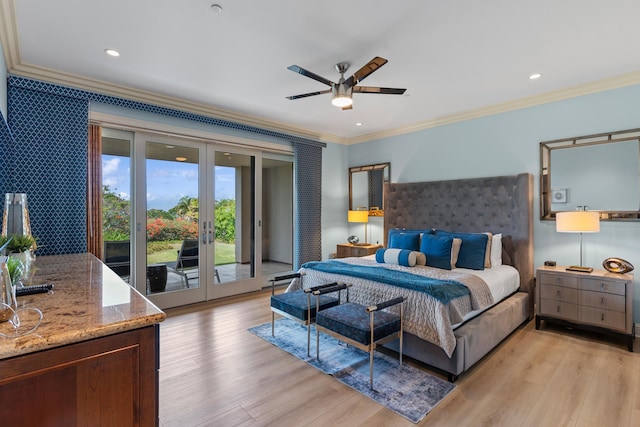 bedroom featuring ornamental molding, ceiling fan, light hardwood / wood-style floors, and access to exterior