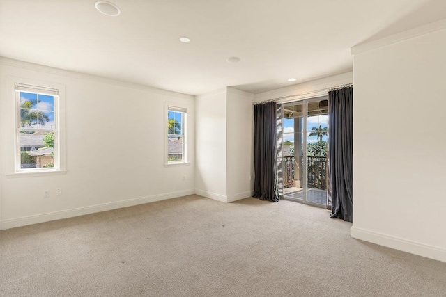 spare room with ornamental molding and light colored carpet