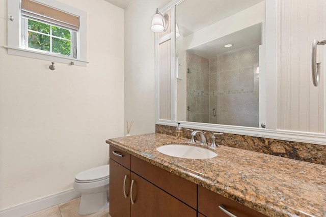 bathroom with tile patterned flooring, vanity, toilet, and a shower with door