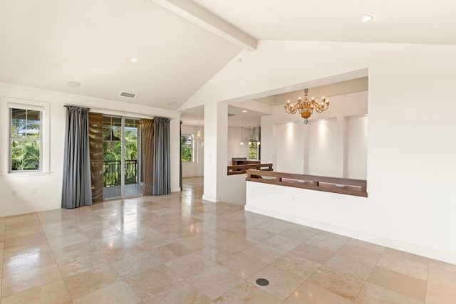 unfurnished living room with lofted ceiling with beams and a chandelier