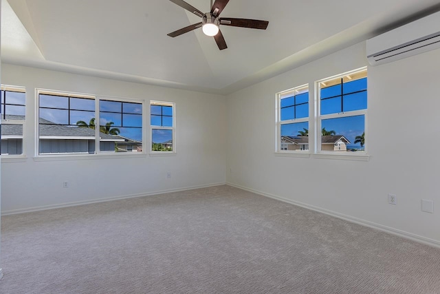 unfurnished room with carpet flooring, ceiling fan, and a wall mounted AC