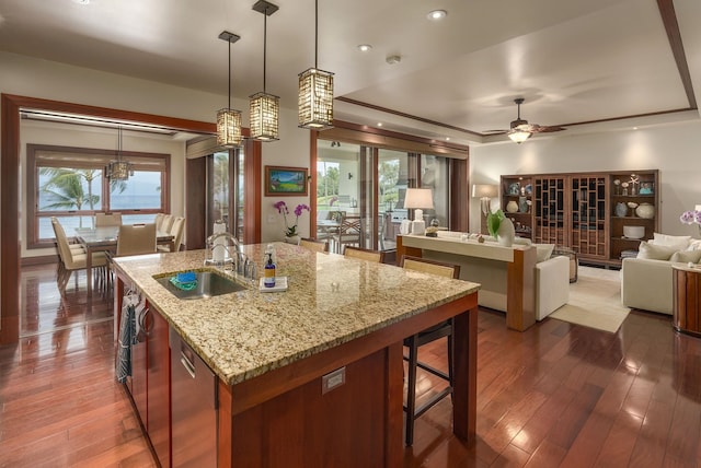 kitchen with dark hardwood / wood-style floors, sink, hanging light fixtures, light stone countertops, and a center island with sink