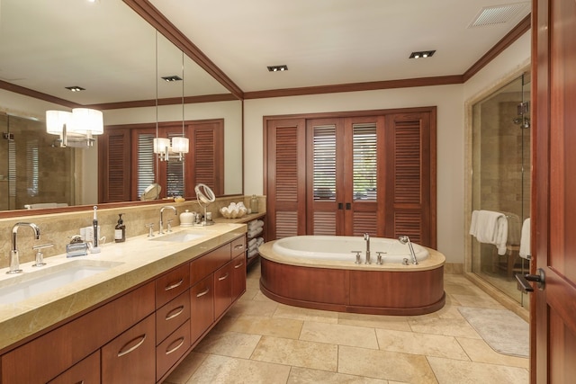 bathroom with crown molding, vanity, plus walk in shower, and backsplash