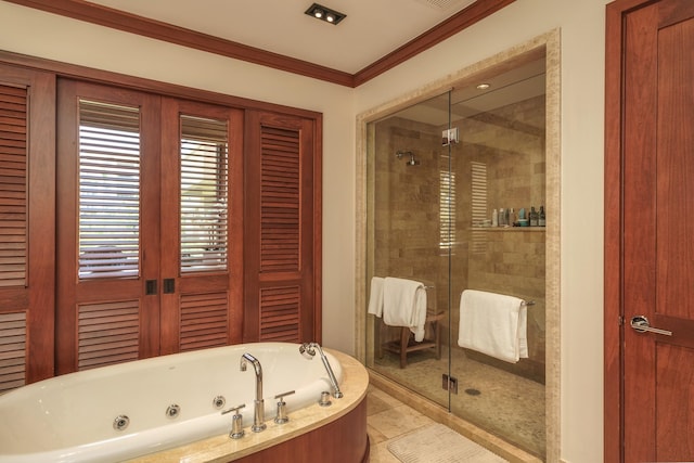 bathroom with crown molding, an enclosed shower, and tile patterned flooring