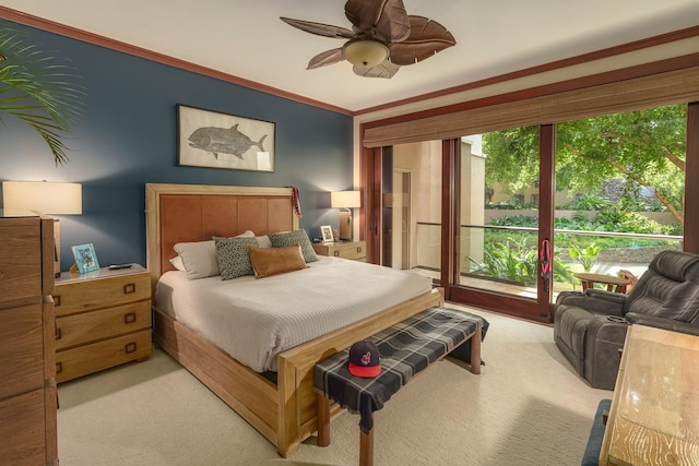 bedroom featuring crown molding, light colored carpet, access to exterior, and ceiling fan