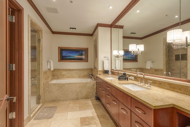 bathroom with vanity, shower with separate bathtub, and crown molding