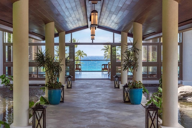 view of patio featuring a water view