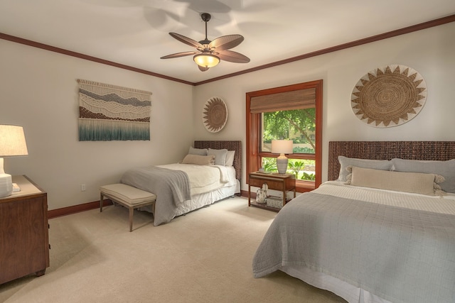 bedroom with ornamental molding, light carpet, and ceiling fan