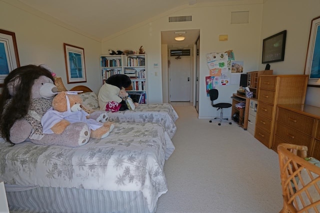 carpeted bedroom featuring lofted ceiling