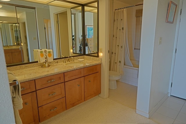 full bathroom with shower / bath combination with curtain, toilet, tile floors, and vanity