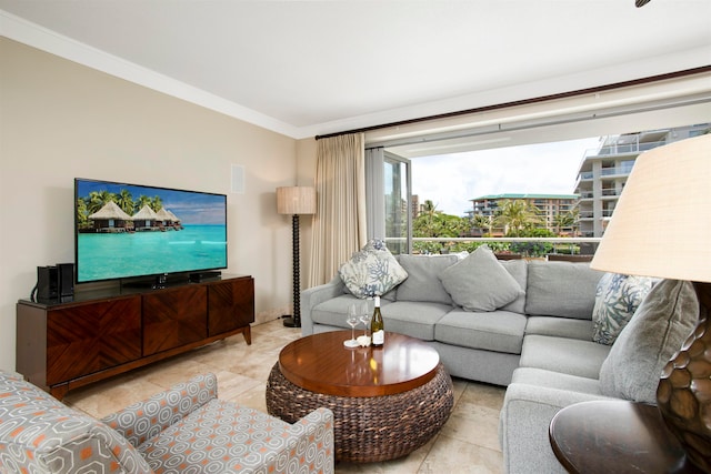 living room featuring crown molding and light tile patterned floors