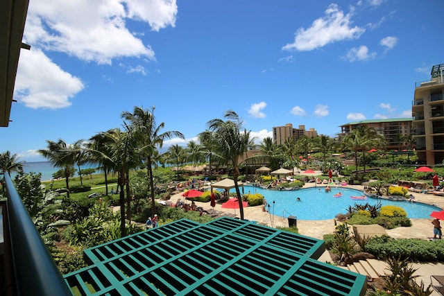 view of pool featuring a patio