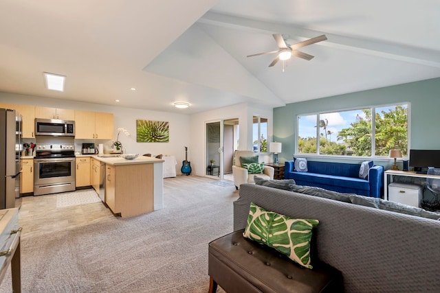 living room with ceiling fan, light colored carpet, sink, and high vaulted ceiling