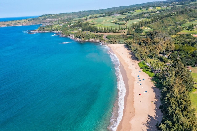 drone / aerial view featuring a view of the beach and a water view