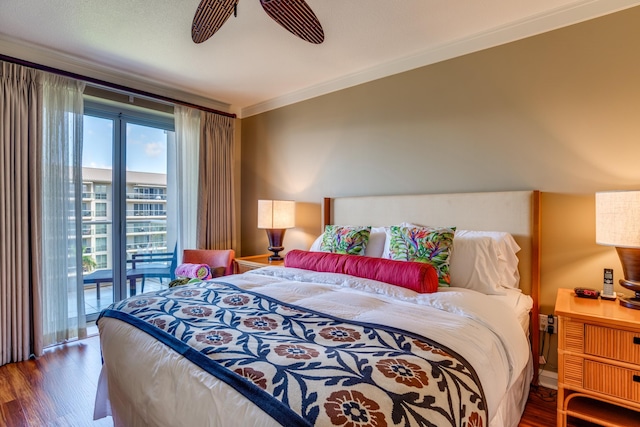 bedroom featuring crown molding, dark hardwood / wood-style floors, access to exterior, and ceiling fan