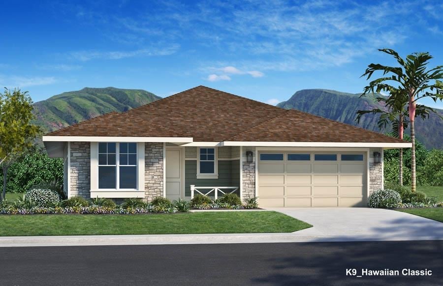 single story home featuring stone siding, an attached garage, driveway, and a mountain view