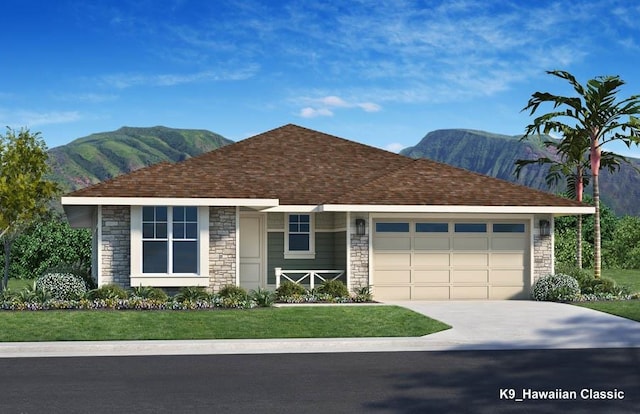 single story home featuring stone siding, an attached garage, driveway, and a mountain view