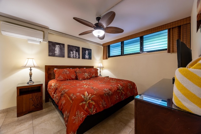 tiled bedroom with ceiling fan and a wall unit AC