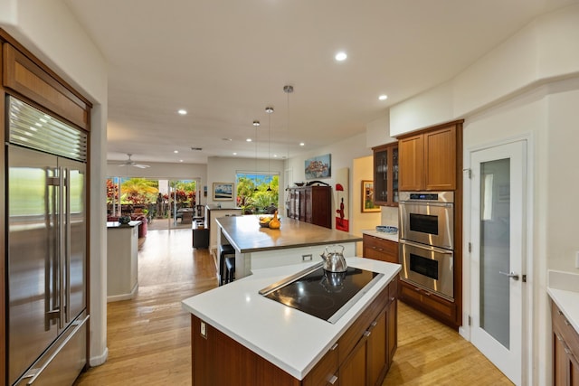 kitchen with pendant lighting, light hardwood / wood-style flooring, stainless steel appliances, and a center island