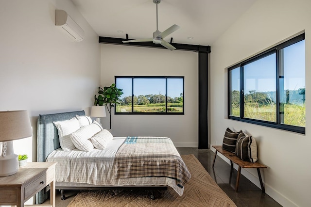 bedroom with multiple windows, a wall mounted air conditioner, and ceiling fan