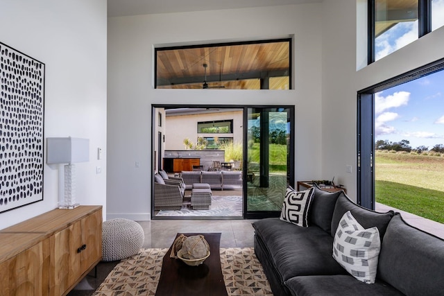 living room featuring a high ceiling