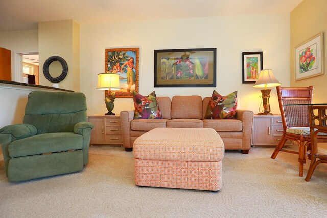 living room featuring light colored carpet