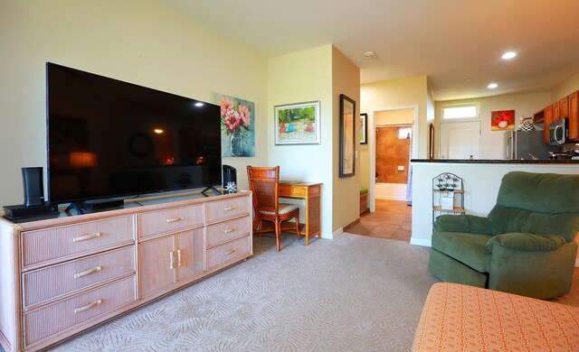 living room with light carpet