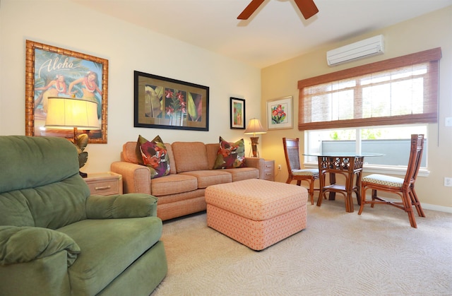 living room with a wall mounted AC, light carpet, and ceiling fan